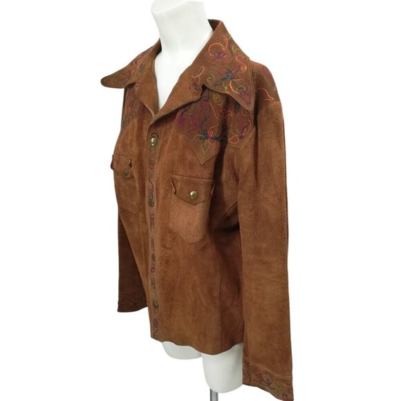 Vintage Suede Embroidered Snap Western Jacket Shirt Size XL Brown Rainbow Collar - Picture 8 of 13